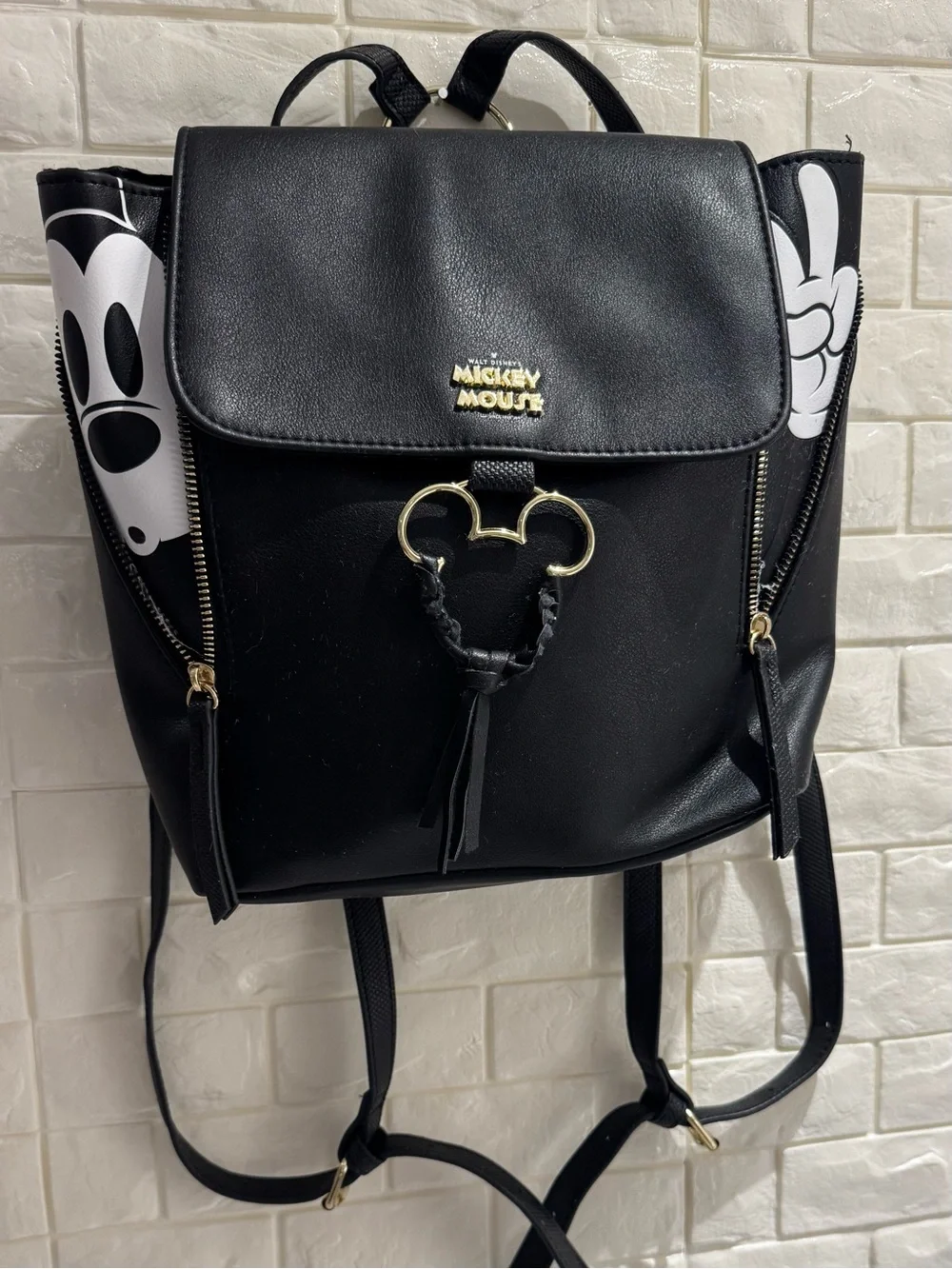 Disney Black Faux Leather Mickey Backpack with Gold Accents